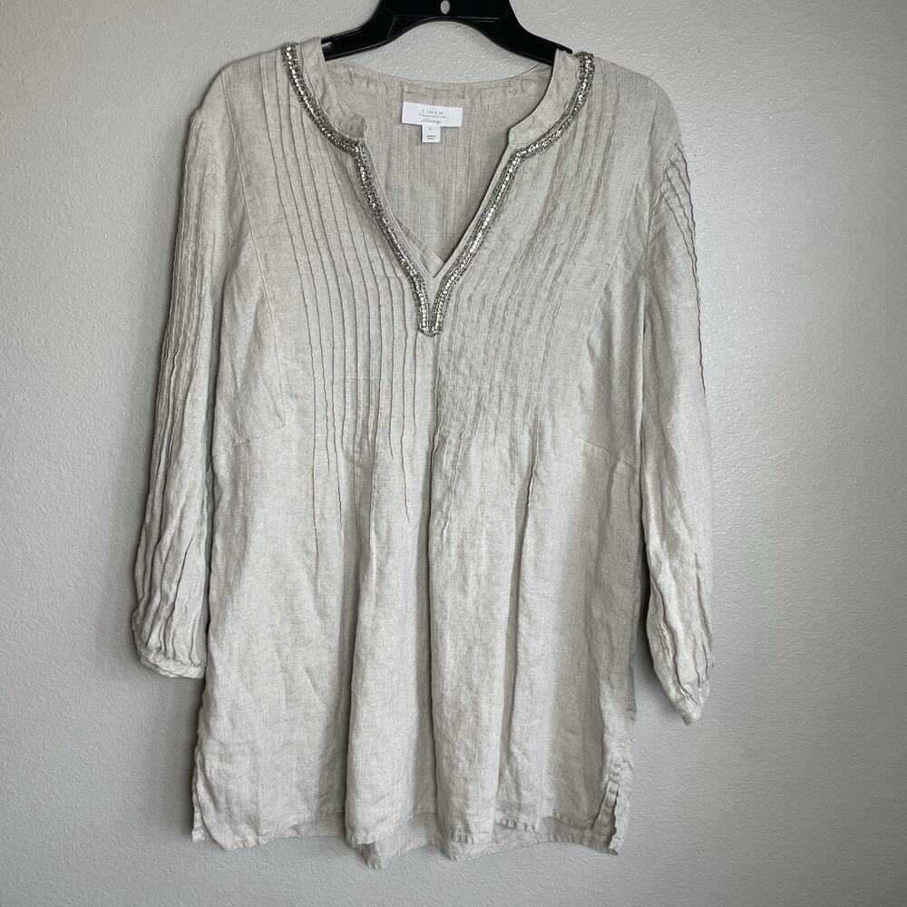 Charter Club 100% Linen Luxury Size Large Sparkly Tan Shirt Top Beige Minimalist